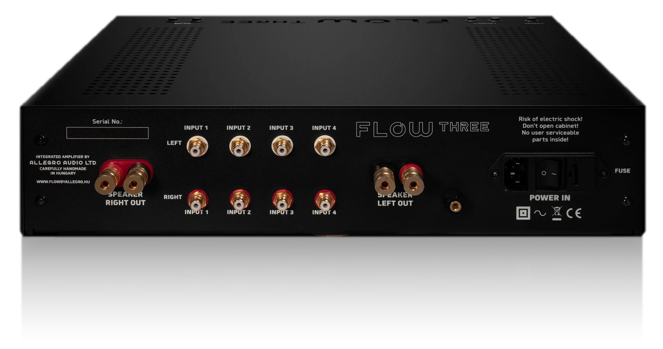FLOW Three MK2 — rear panel: four RCA inputs per channel, speaker terminals, IEC power inlet